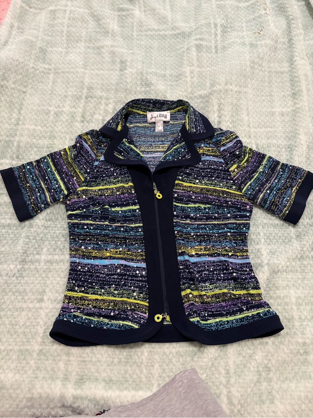 Joseph Ribkoff Navy Multi-Stripe Zip Front Jacket Sequins